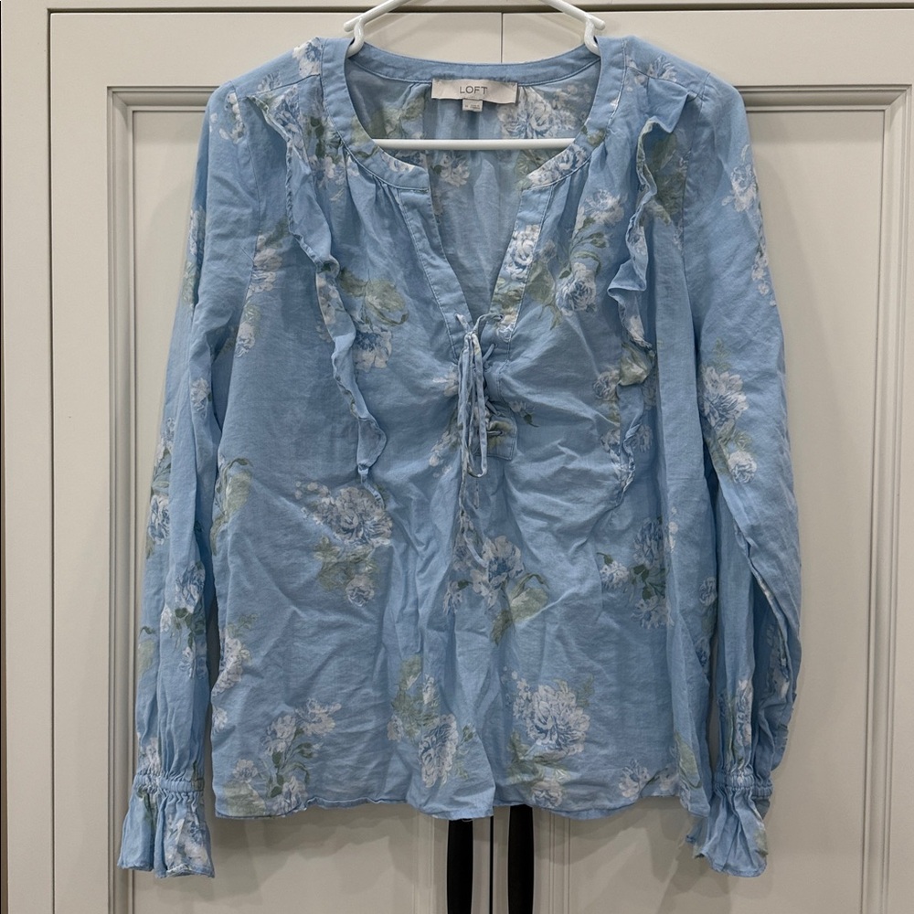 LOFT Floral Lace Up Ruffle Blouse, Medium Cottagecore, coastal Grandma, coquette